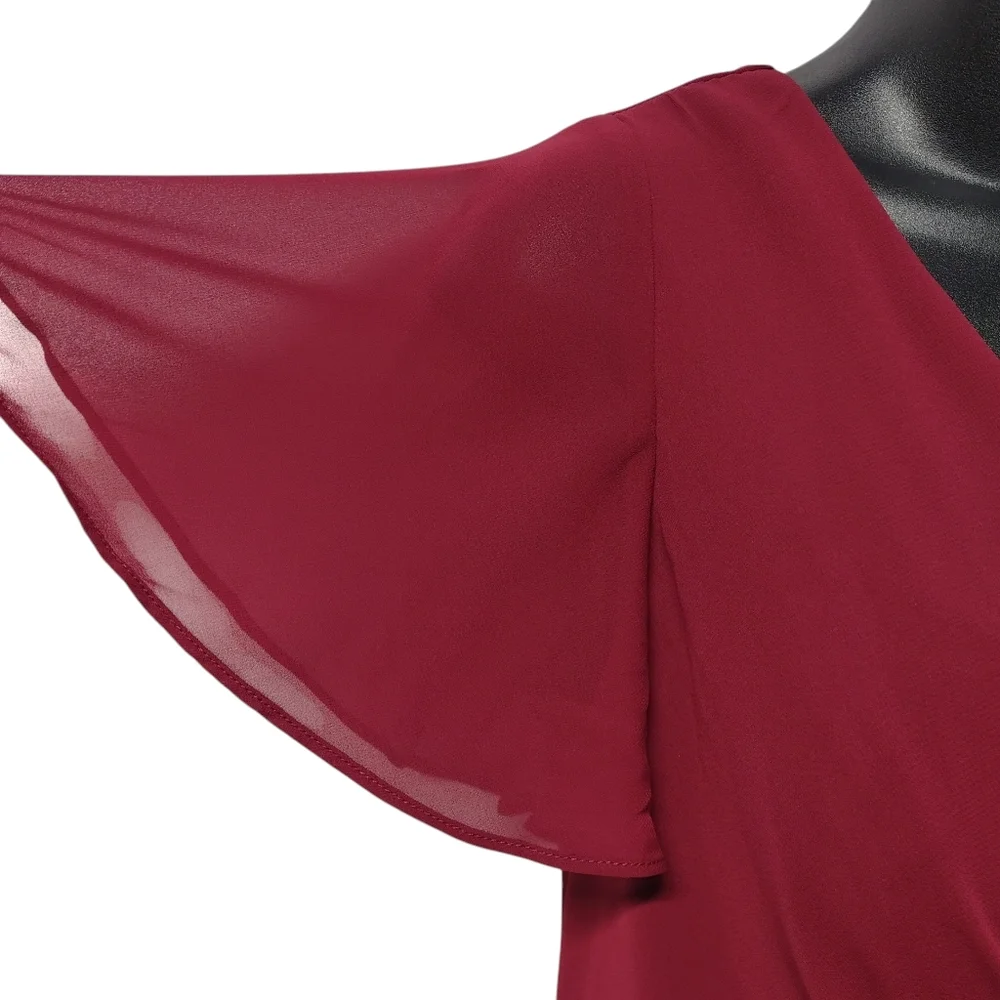 Ever Pretty Burgundy Chiffon Midi Dress US 8 V-Neck Ruffle Sleeves Size L NWT - Picture 8 of 11